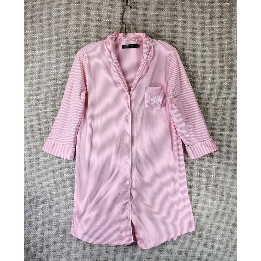 Lauren Ralph Lauren Pink Striped Night Shirt Womens M Stretch Knit Cotton Button